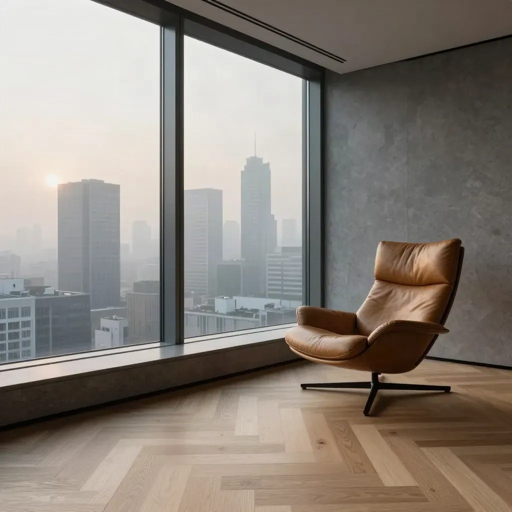 Attico milanese con vetrata, parquet chiaro, poltrona in pelle e skyline nella bruma del mattino