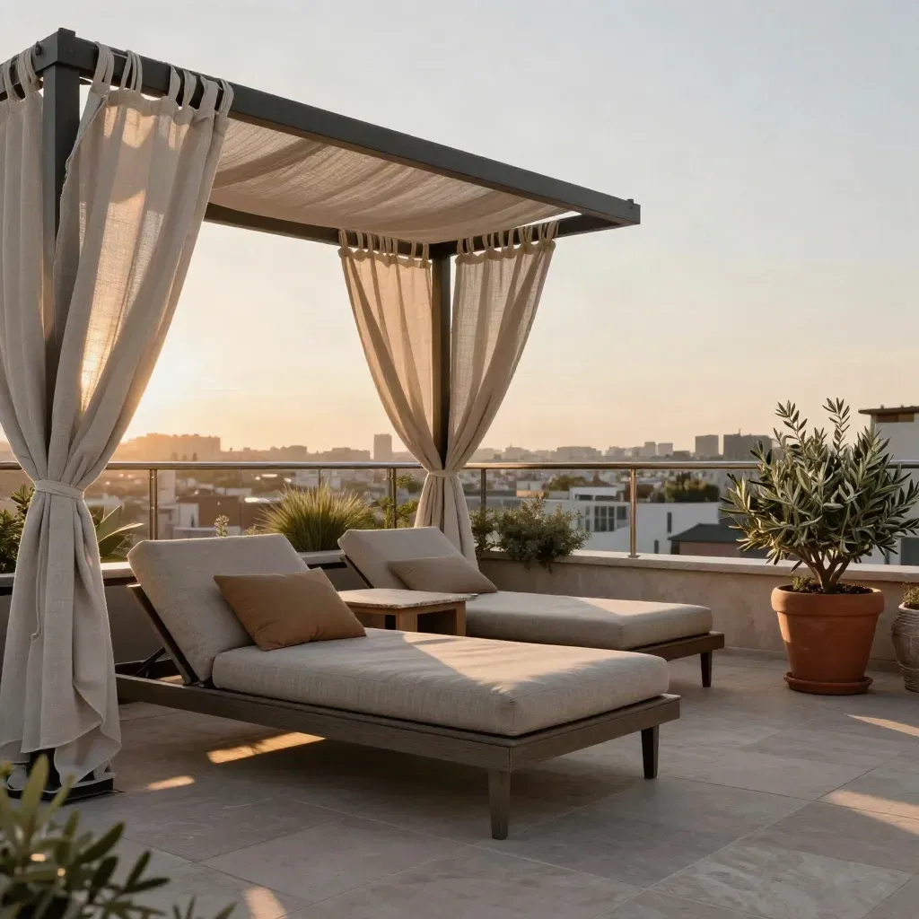 Terrazza panoramica con tende mosse dal vento, divani in lino e skyline al tramonto.