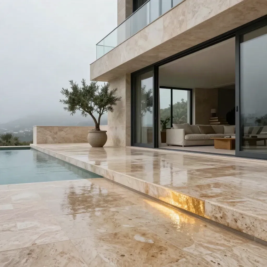 Attico contemporaneo con terrazza bagnata, vetrate aperte e ulivo in vaso dopo il temporale.