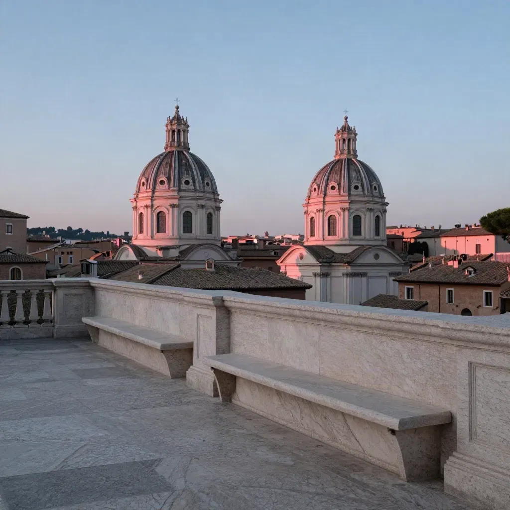Attico romano con terrazza in travertino e cupole lontane al mattino presto