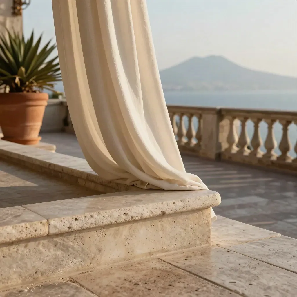 Terrazza di attico napoletano con pietra chiara, tende mosse dal vento e golfo sfocato.