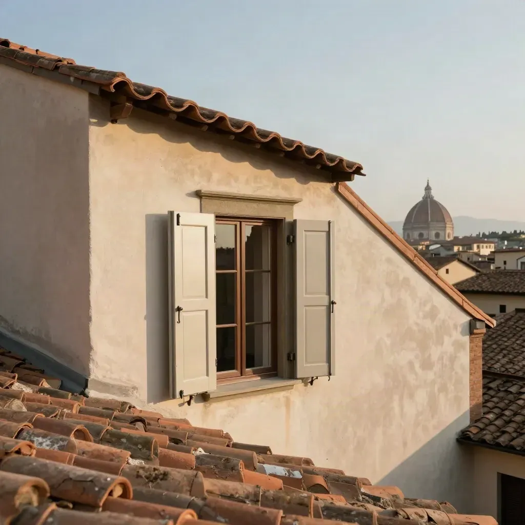 Soffitta luminosa a Firenze con persiane aperte e tetti in coppi verso il centro storico.