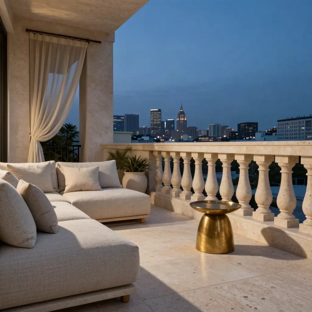Attico con terrazza, divani in lino, parapetto in travertino e skyline al tramonto