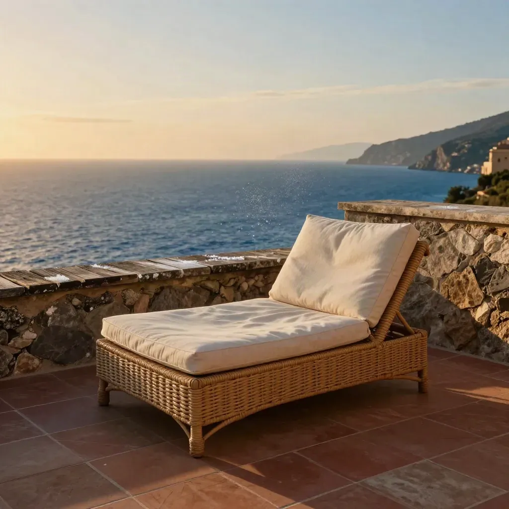 Terrazza ligure al tramonto con seduta intrecciata, cuscini mossi dal vento e mare scintillante.