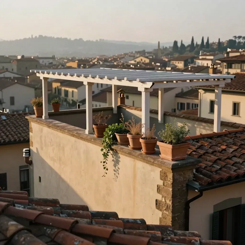 Attico a Firenze Oltrarno con tetti in coppo, pergola chiara e vasi in terracotta all'alba