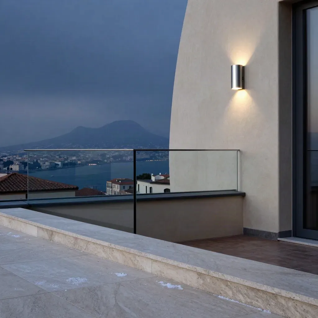 Attico a Napoli al crepuscolo con terrazza in pietra e panorama sul golfo