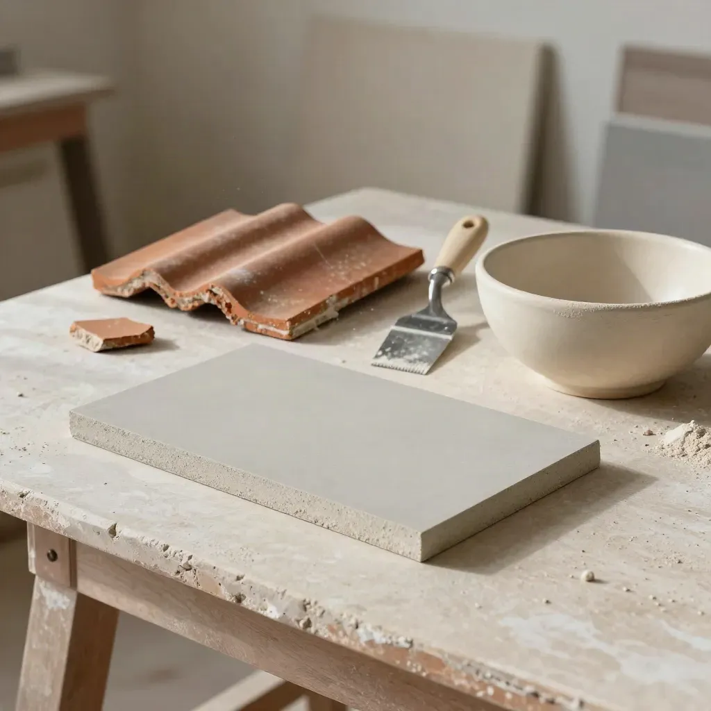 Campioni di intonaco e terracotta con spatola e ciotola su banco chiaro, luce morbida.